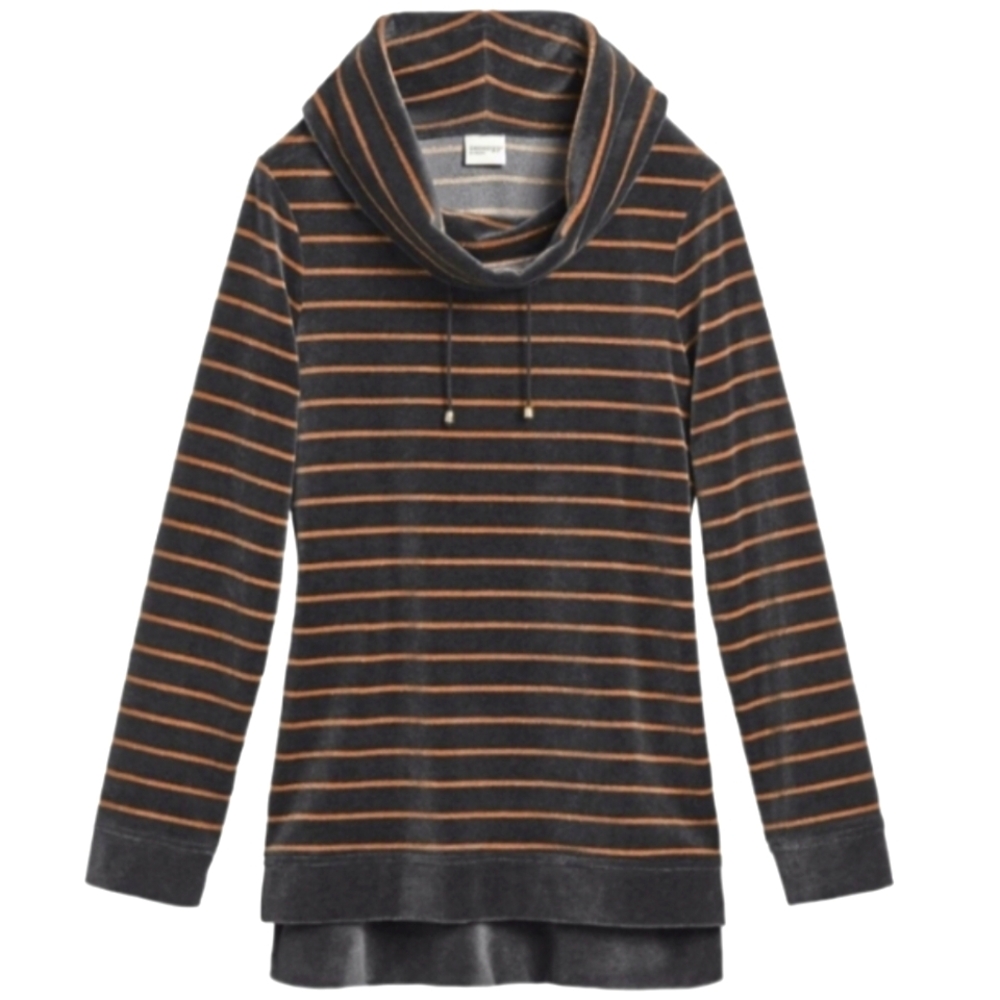 Zenergy Chico's Velour Lurex Stripe Black and Metallic Gold Cowl Neck Top Size 0